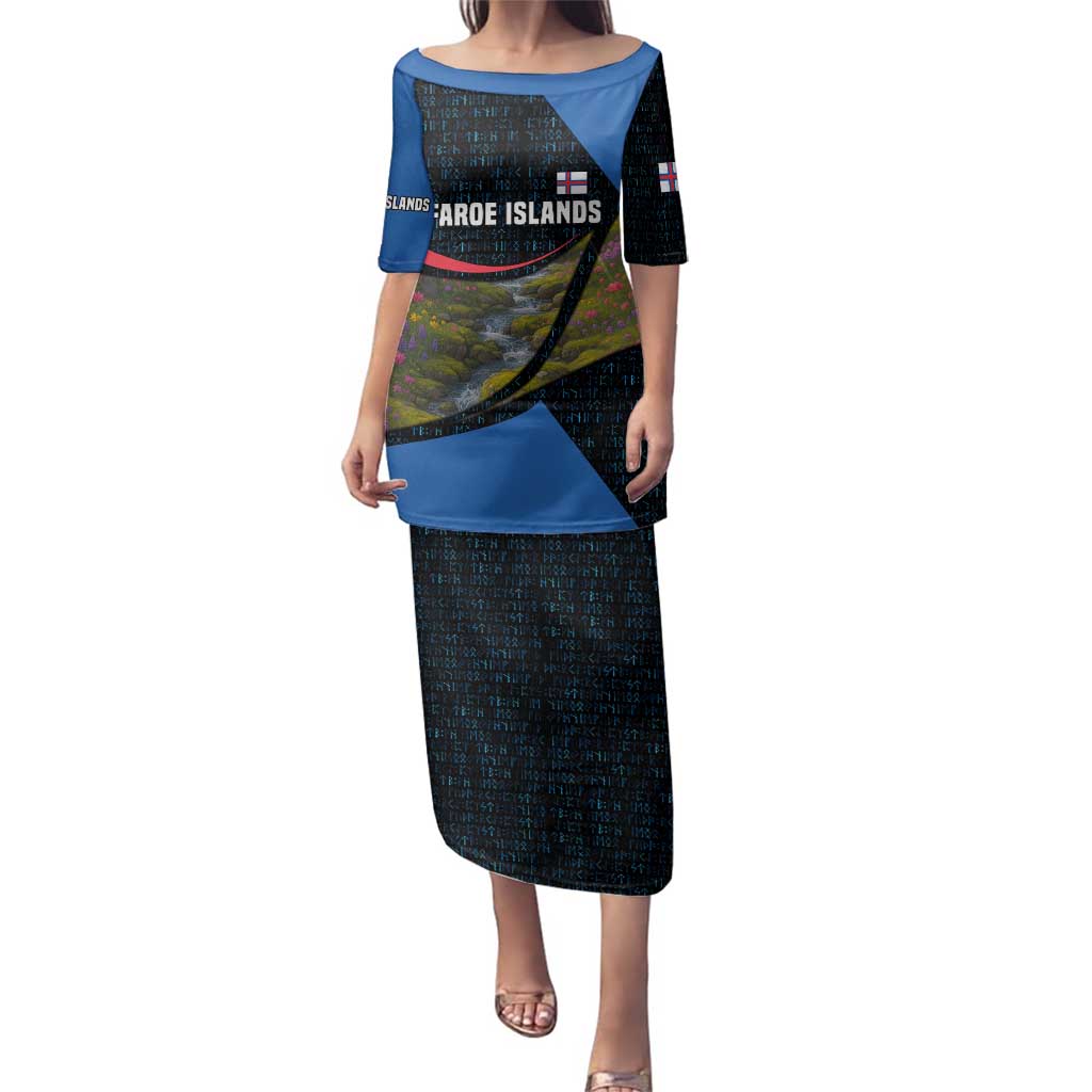Faroe Islands Family Matching Puletasi and Hawaiian Shirt with Waterfall Nature Scene and Rune Pattern Design - Wonder Print Shop