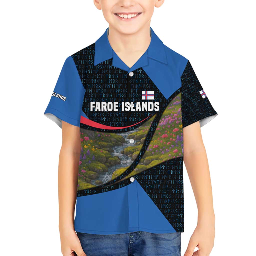 Faroe Islands Family Matching Short Sleeve Bodycon Dress and Hawaiian Shirt with Waterfall Nature Scene and Rune Pattern Design - Wonder Print Shop