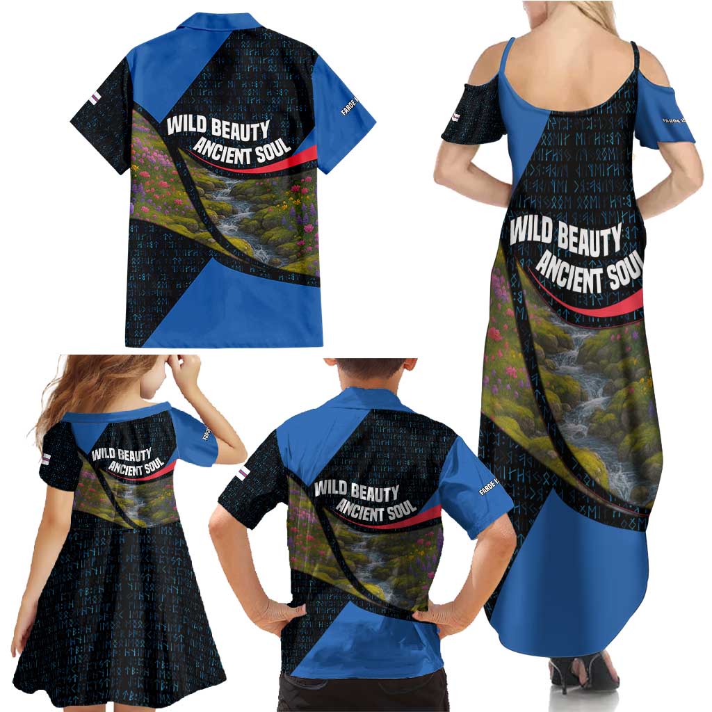 Faroe Islands Family Matching Summer Maxi Dress and Hawaiian Shirt with Waterfall Nature Scene and Rune Pattern Design - Wonder Print Shop