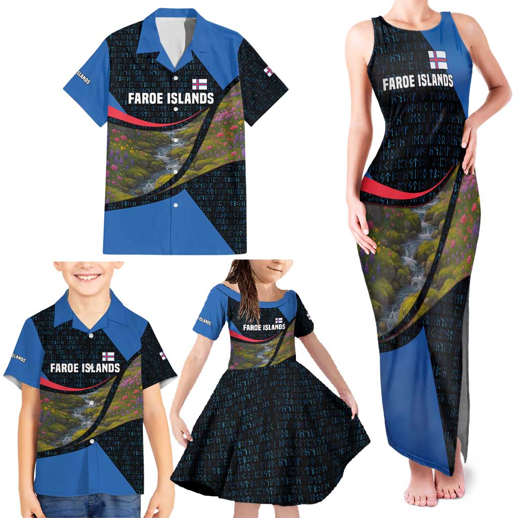 Faroe Islands Family Matching Tank Maxi Dress and Hawaiian Shirt with Waterfall Nature Scene and Rune Pattern Design - Wonder Print Shop