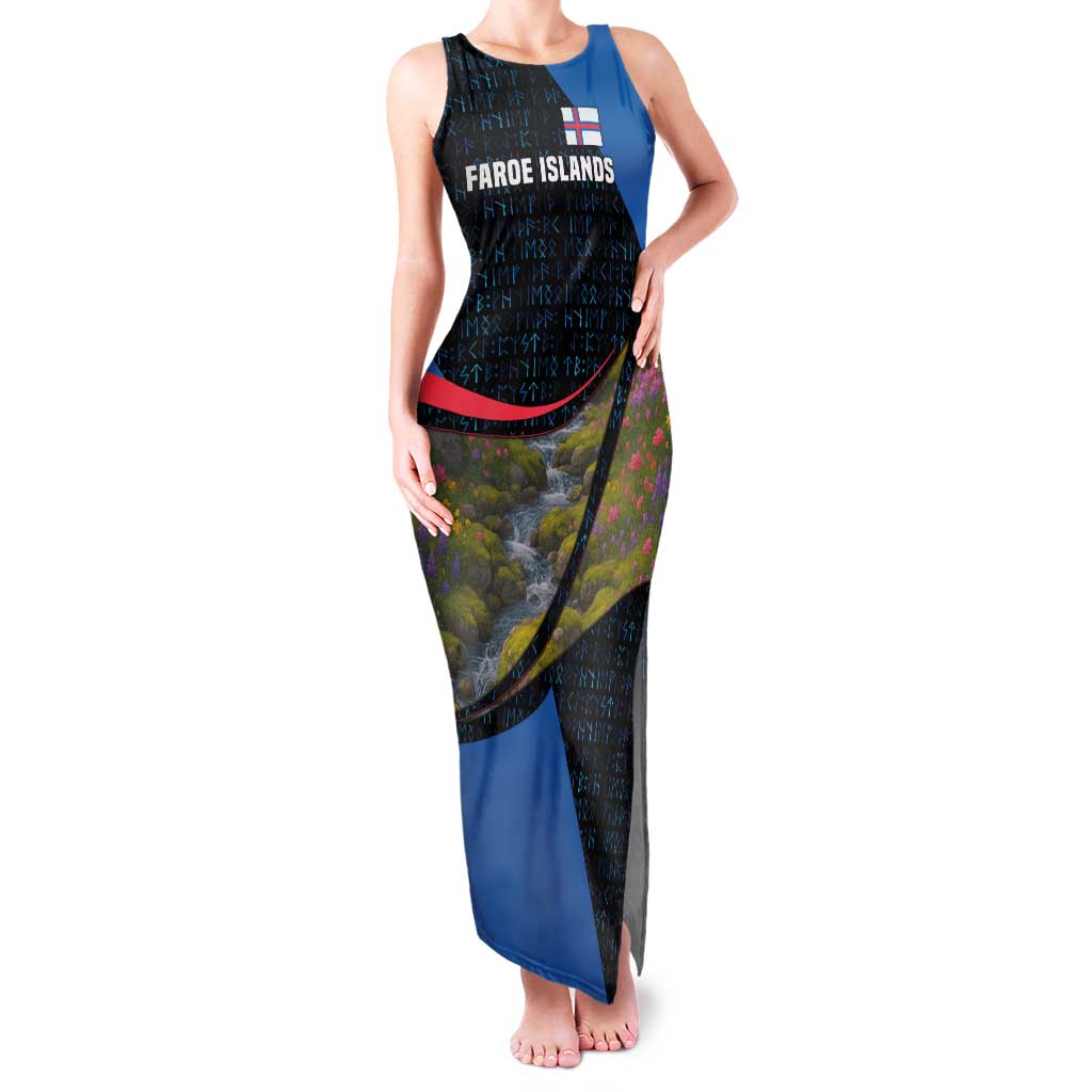 Faroe Islands Family Matching Tank Maxi Dress and Hawaiian Shirt with Waterfall Nature Scene and Rune Pattern Design - Wonder Print Shop