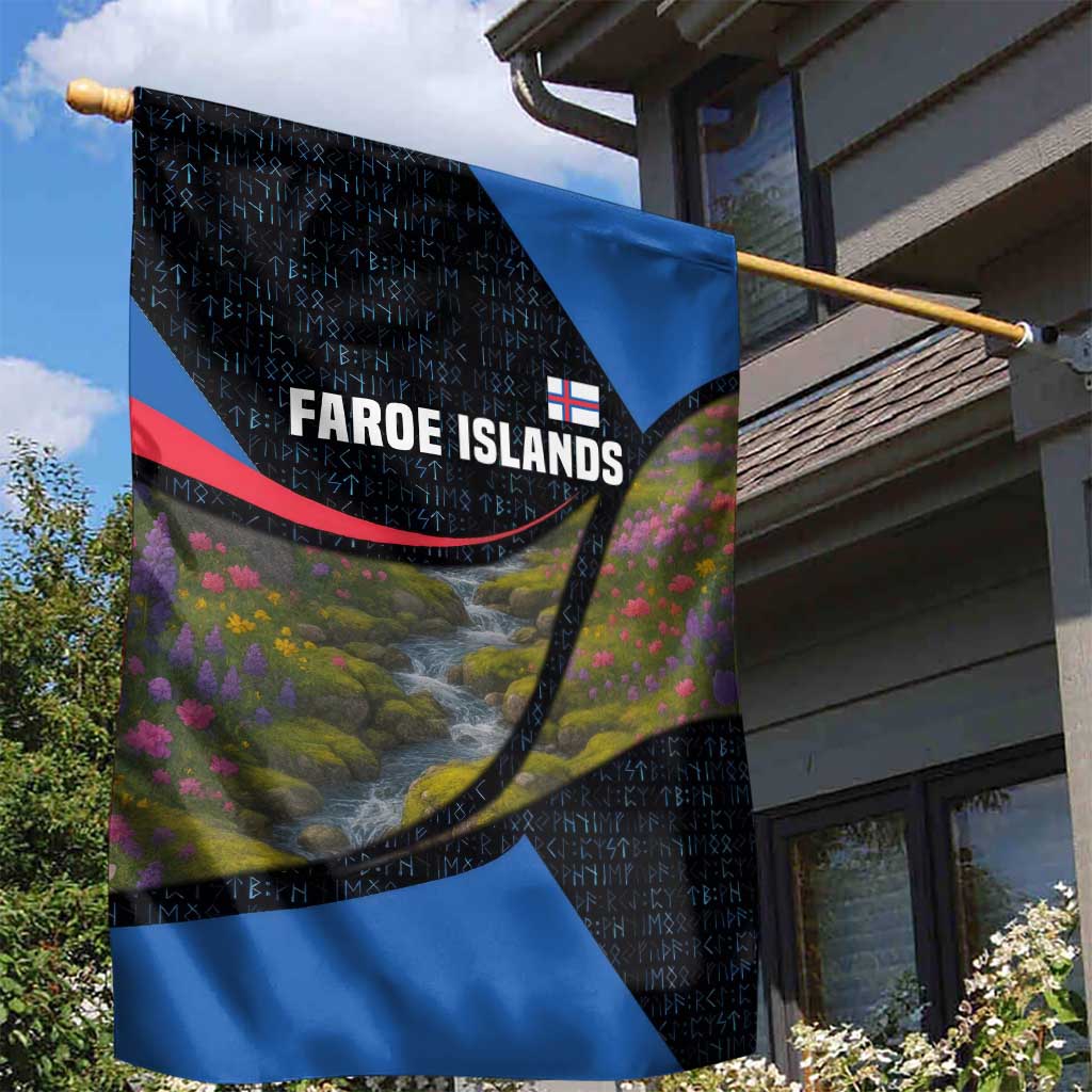 Faroe Islands Garden Flag with Waterfall Nature Scene and Rune Pattern Design - Wonder Print Shop