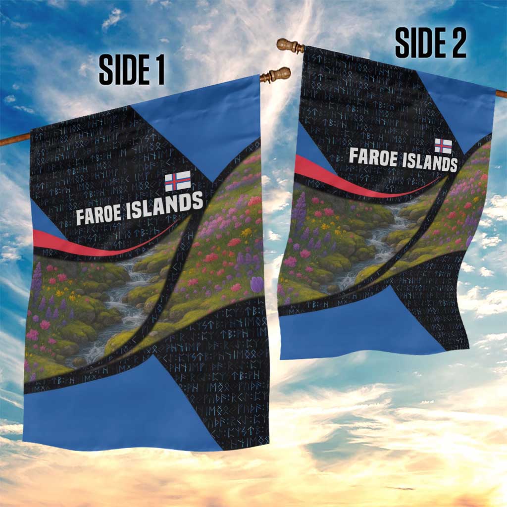 Faroe Islands Garden Flag with Waterfall Nature Scene and Rune Pattern Design - Wonder Print Shop