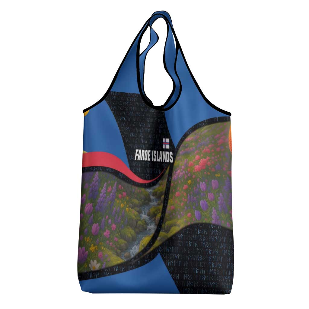 Faroe Islands Grocery Bag with Waterfall Nature Scene and Rune Pattern Design - Wonder Print Shop