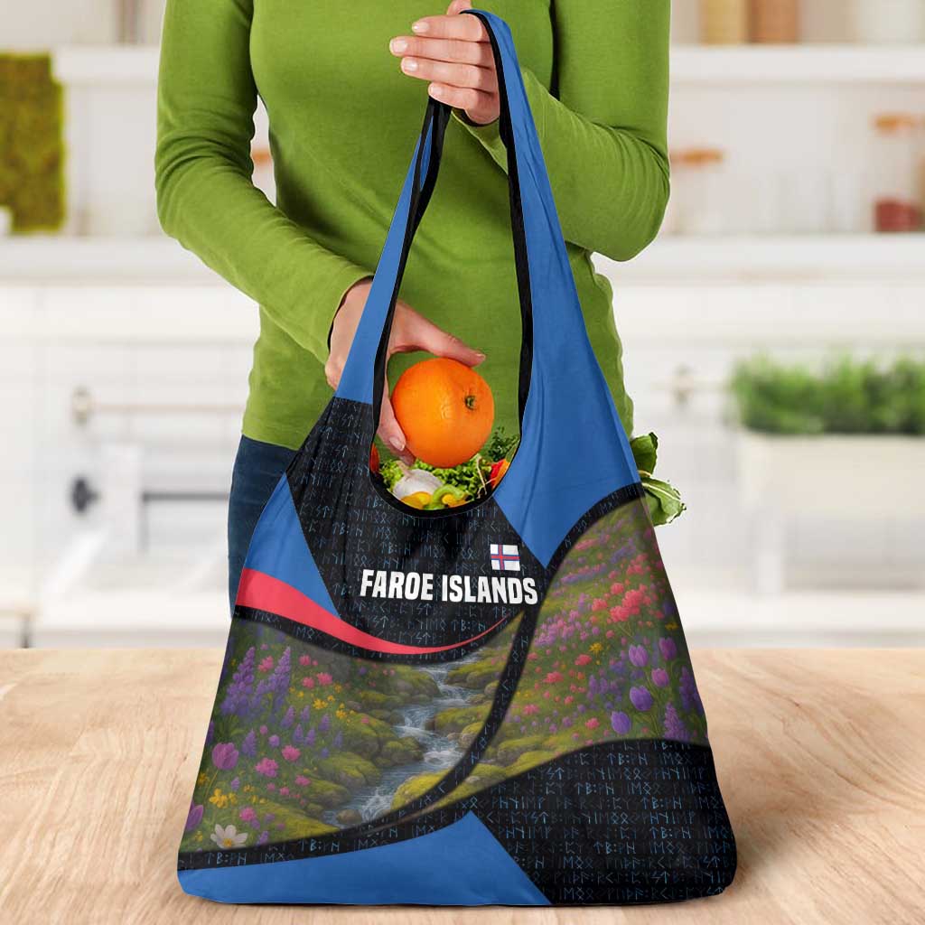 Faroe Islands Grocery Bag with Waterfall Nature Scene and Rune Pattern Design - Wonder Print Shop