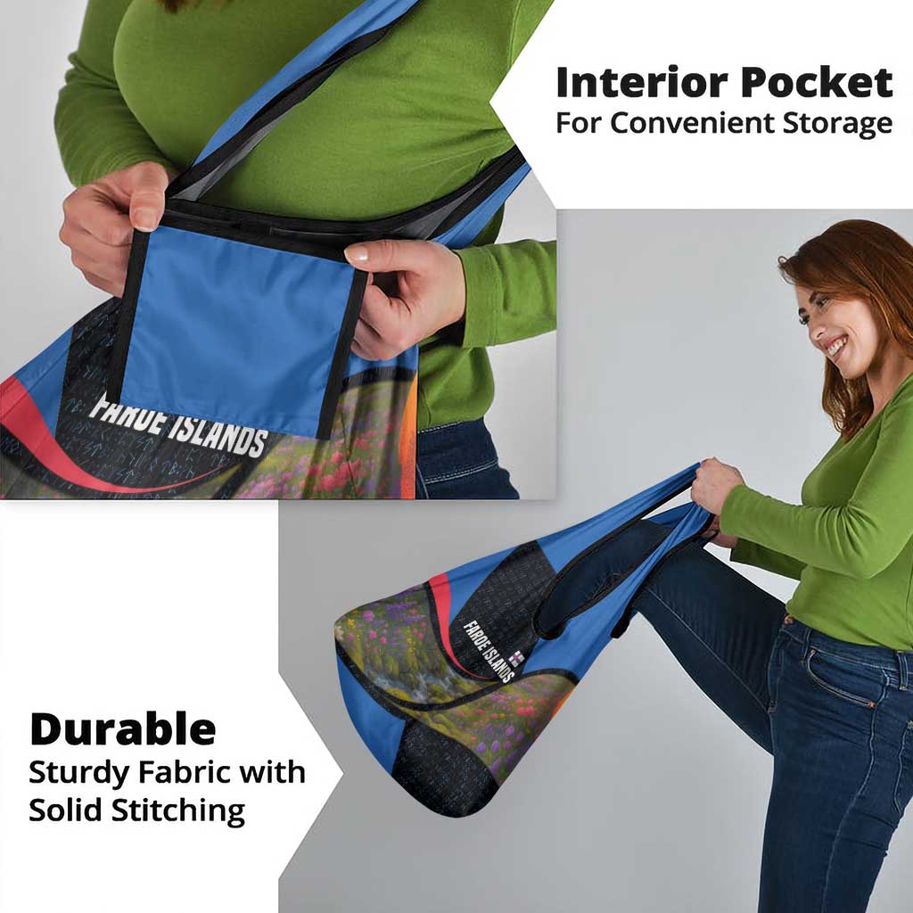 Faroe Islands Grocery Bag with Waterfall Nature Scene and Rune Pattern Design - Wonder Print Shop