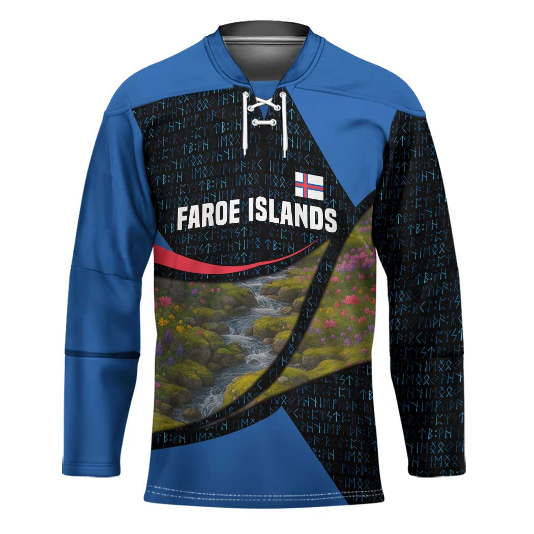Faroe Islands Hockey Jersey with Waterfall Nature Scene and Rune Pattern Design - Wonder Print Shop