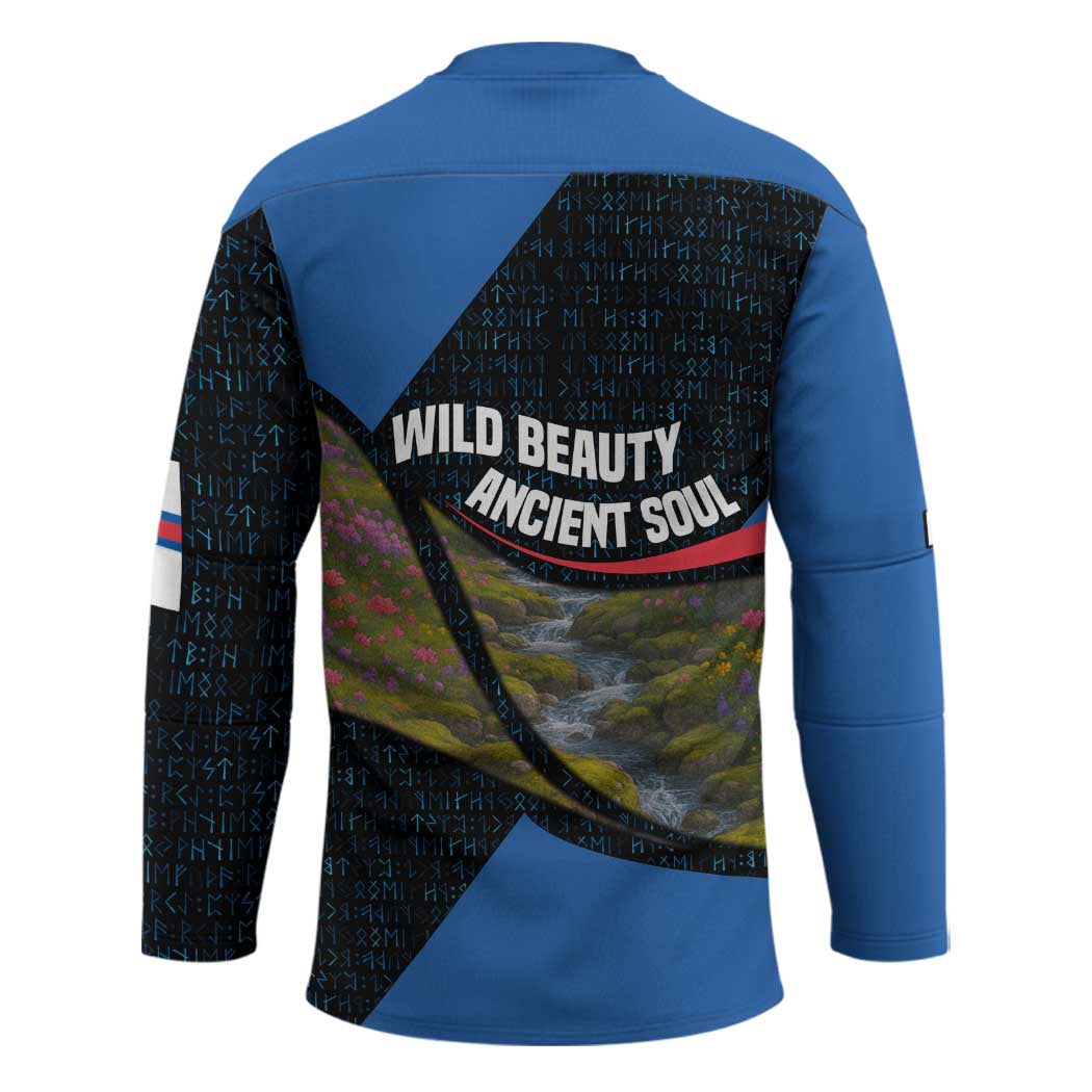 Faroe Islands Hockey Jersey with Waterfall Nature Scene and Rune Pattern Design - Wonder Print Shop