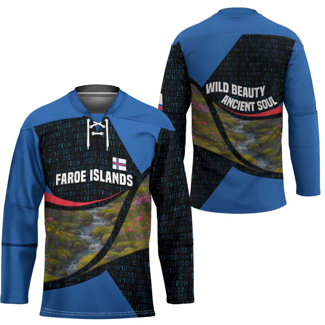 Faroe Islands Hockey Jersey with Waterfall Nature Scene and Rune Pattern Design - Wonder Print Shop