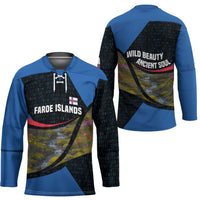 Faroe Islands Hockey Jersey with Waterfall Nature Scene and Rune Pattern Design - Wonder Print Shop