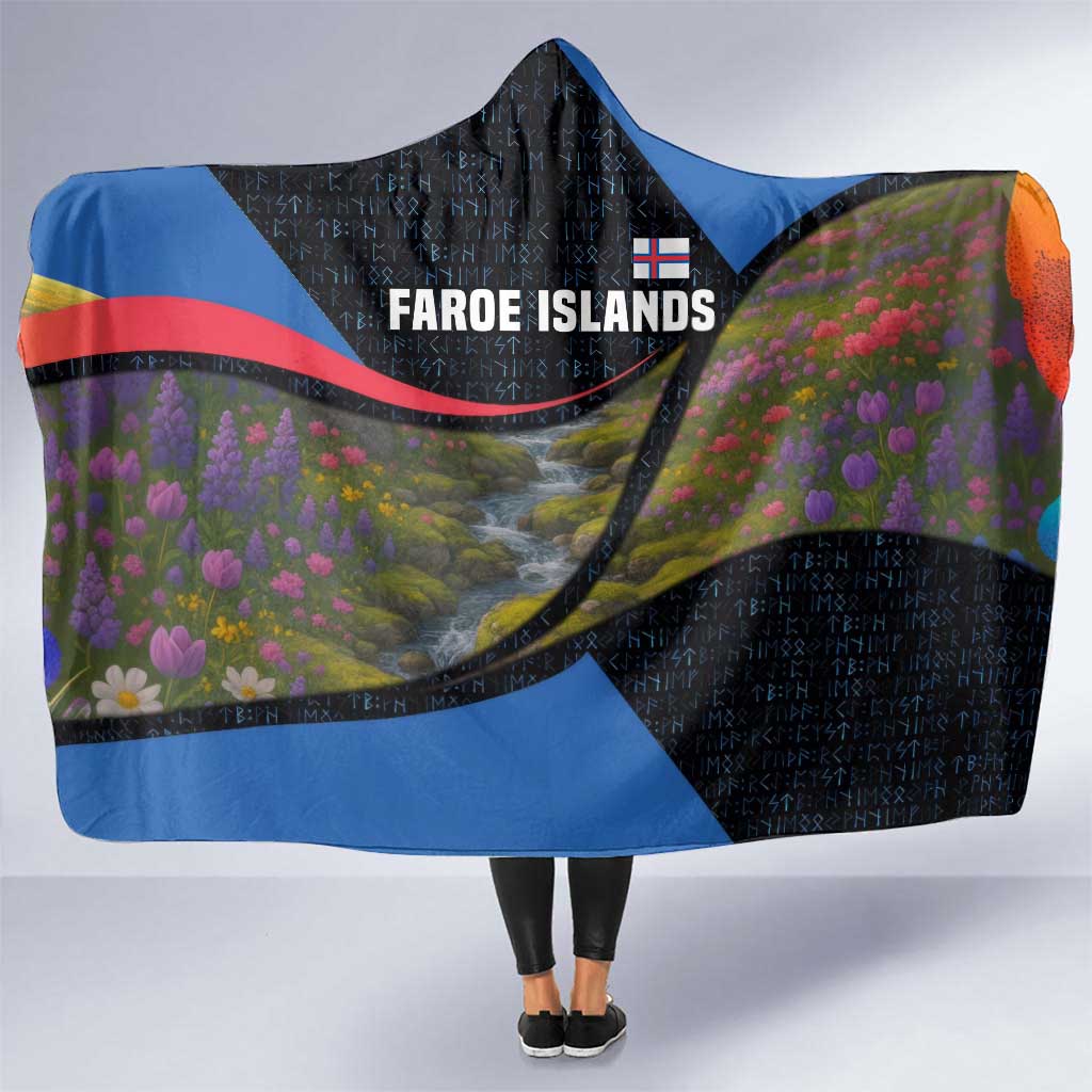 Faroe Islands Hooded Blanket with Waterfall Nature Scene and Rune Pattern Design - Wonder Print Shop