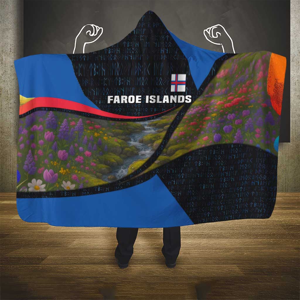 Faroe Islands Hooded Blanket with Waterfall Nature Scene and Rune Pattern Design - Wonder Print Shop