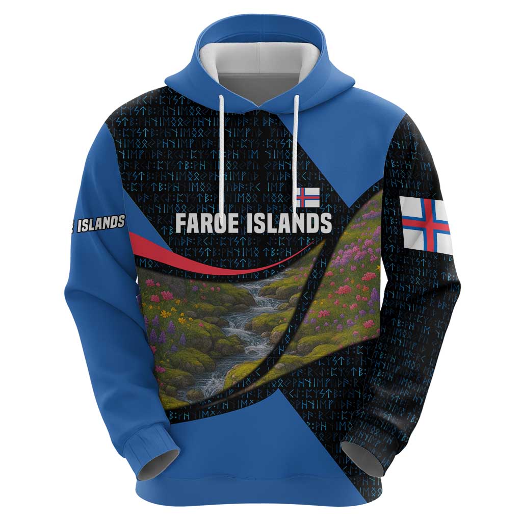 Faroe Islands Hoodie with Waterfall Nature Scene and Rune Pattern Design - Wonder Print Shop
