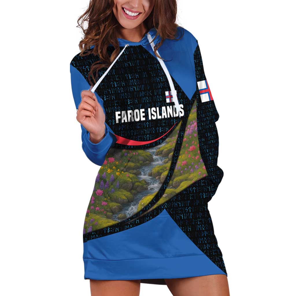 Faroe Islands Hoodie Dress with Waterfall Nature Scene and Rune Pattern Design - Wonder Print Shop