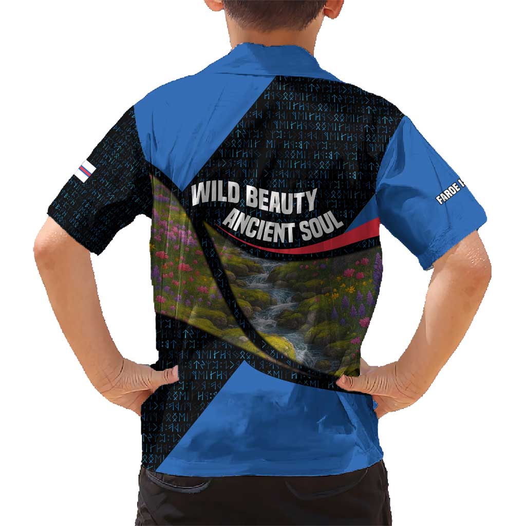 Faroe Islands Kid Hawaiian Shirt with Waterfall Nature Scene and Rune Pattern Design - Wonder Print Shop