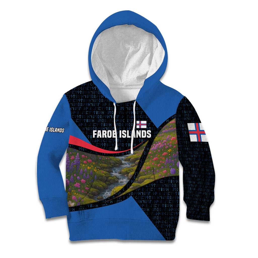 Faroe Islands Kid Hoodie with Waterfall Nature Scene and Rune Pattern Design - Wonder Print Shop