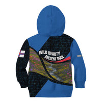 Faroe Islands Kid Hoodie with Waterfall Nature Scene and Rune Pattern Design - Wonder Print Shop