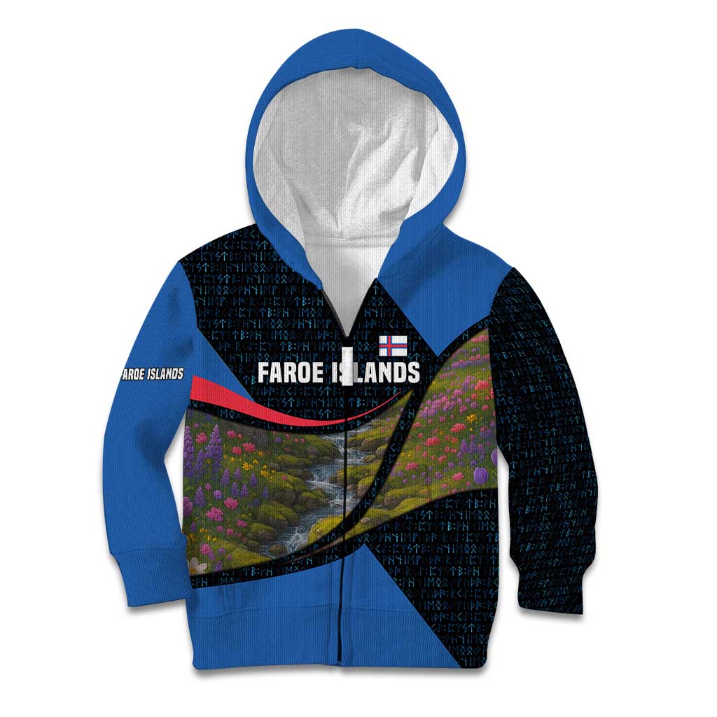 Faroe Islands Kid Hoodie with Waterfall Nature Scene and Rune Pattern Design - Wonder Print Shop