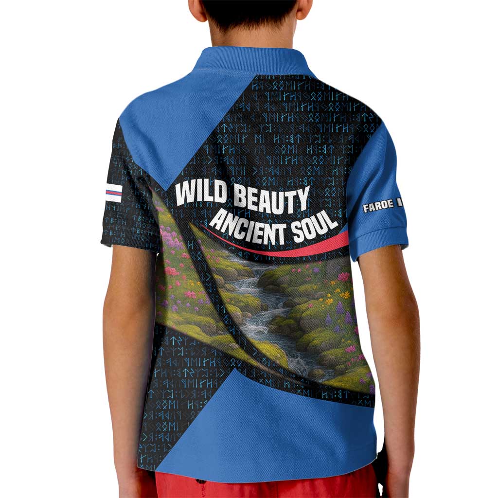 Faroe Islands Kid Polo Shirt with Waterfall Nature Scene and Rune Pattern Design - Wonder Print Shop