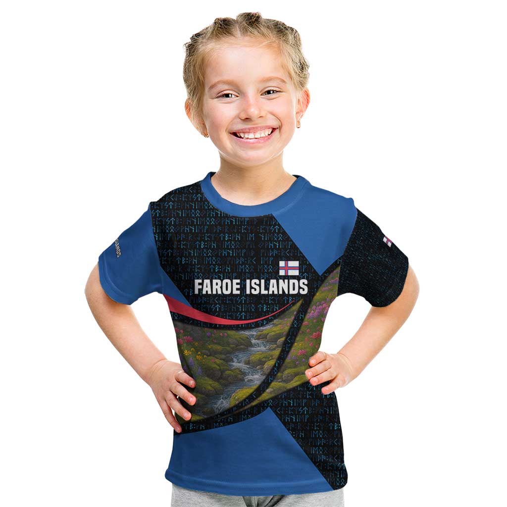 Faroe Islands Kid T Shirt with Waterfall Nature Scene and Rune Pattern Design - Wonder Print Shop