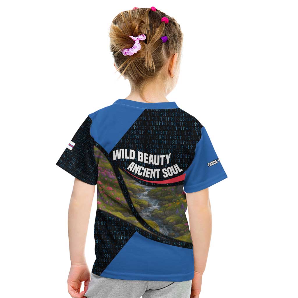 Faroe Islands Kid T Shirt with Waterfall Nature Scene and Rune Pattern Design - Wonder Print Shop