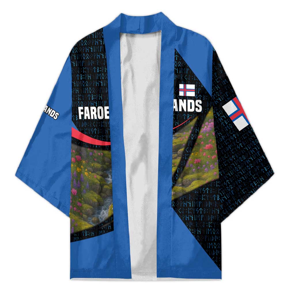 Faroe Islands Kimono with Waterfall Nature Scene and Rune Pattern Design - Wonder Print Shop