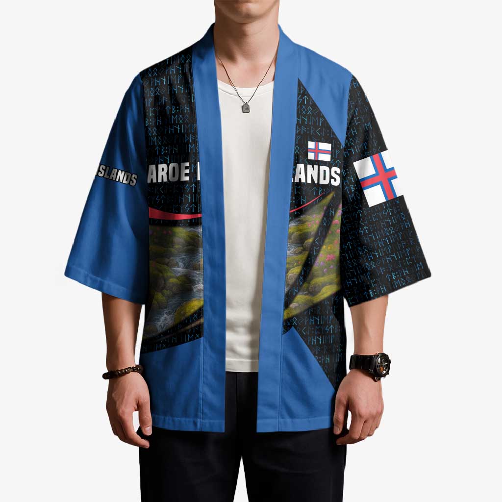 Faroe Islands Kimono with Waterfall Nature Scene and Rune Pattern Design - Wonder Print Shop