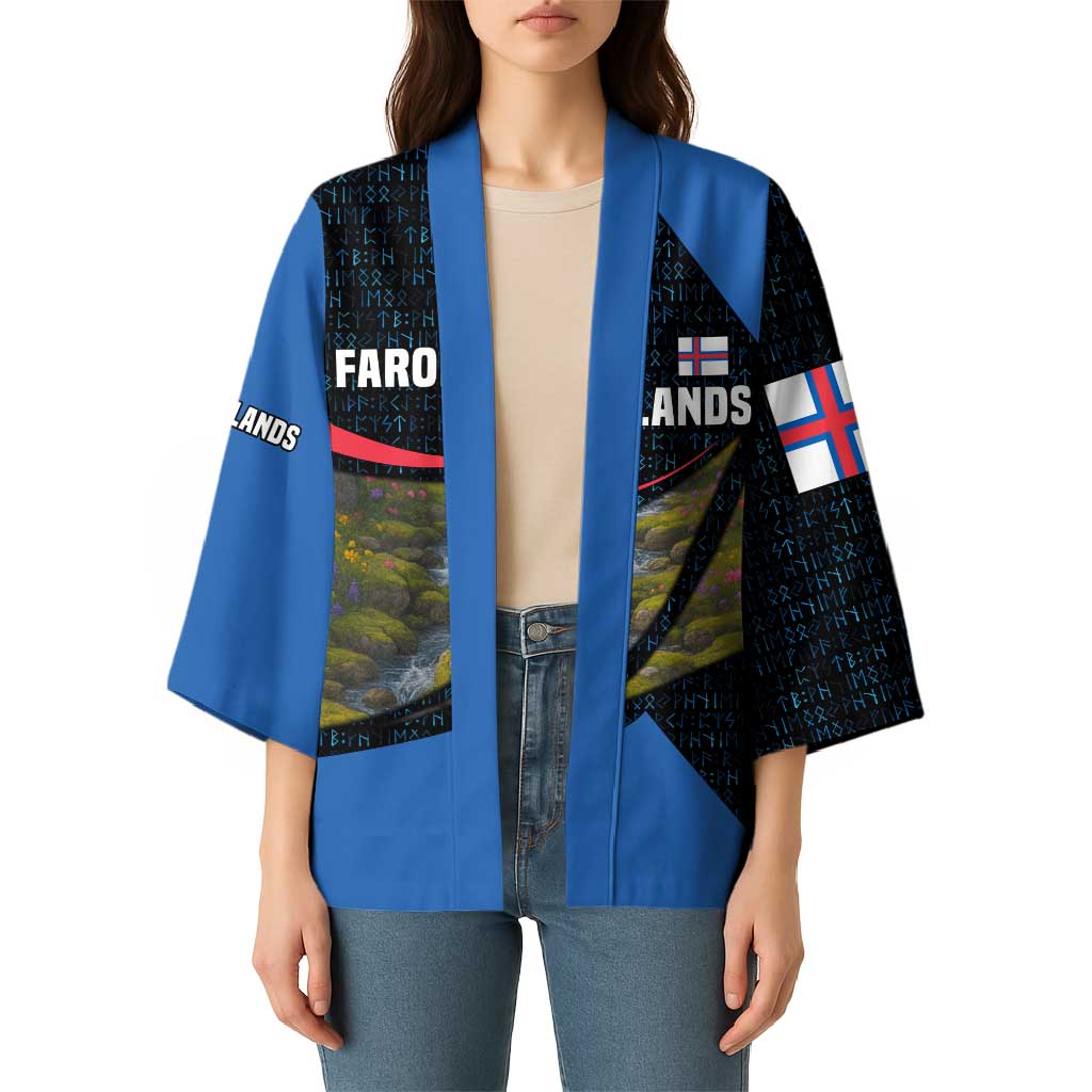 Faroe Islands Kimono with Waterfall Nature Scene and Rune Pattern Design - Wonder Print Shop