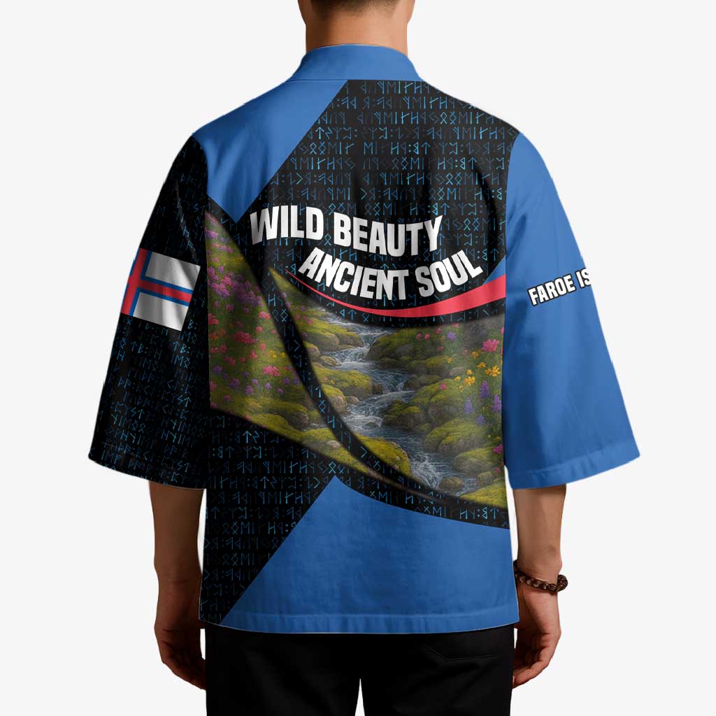 Faroe Islands Kimono with Waterfall Nature Scene and Rune Pattern Design - Wonder Print Shop