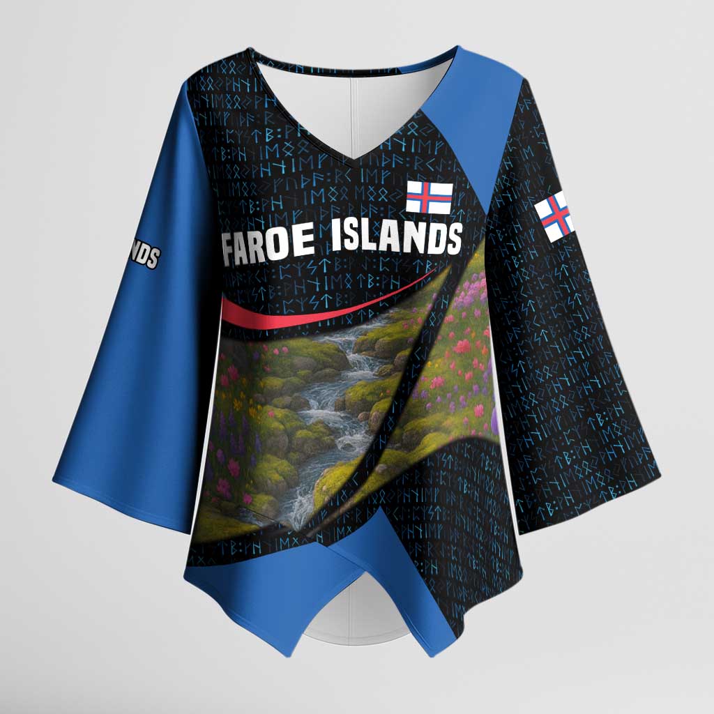 Faroe Islands Kimono Sleeve Blouse with Waterfall Nature Scene and Rune Pattern Design - Wonder Print Shop