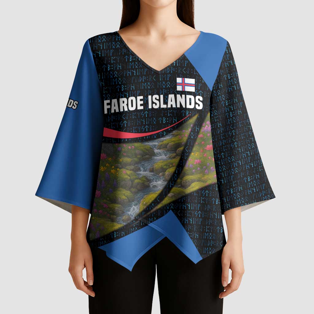 Faroe Islands Kimono Sleeve Blouse with Waterfall Nature Scene and Rune Pattern Design - Wonder Print Shop