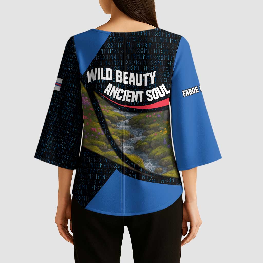 Faroe Islands Kimono Sleeve Blouse with Waterfall Nature Scene and Rune Pattern Design - Wonder Print Shop
