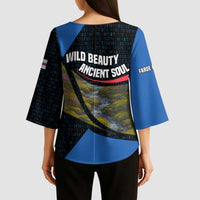 Faroe Islands Kimono Sleeve Blouse with Waterfall Nature Scene and Rune Pattern Design - Wonder Print Shop