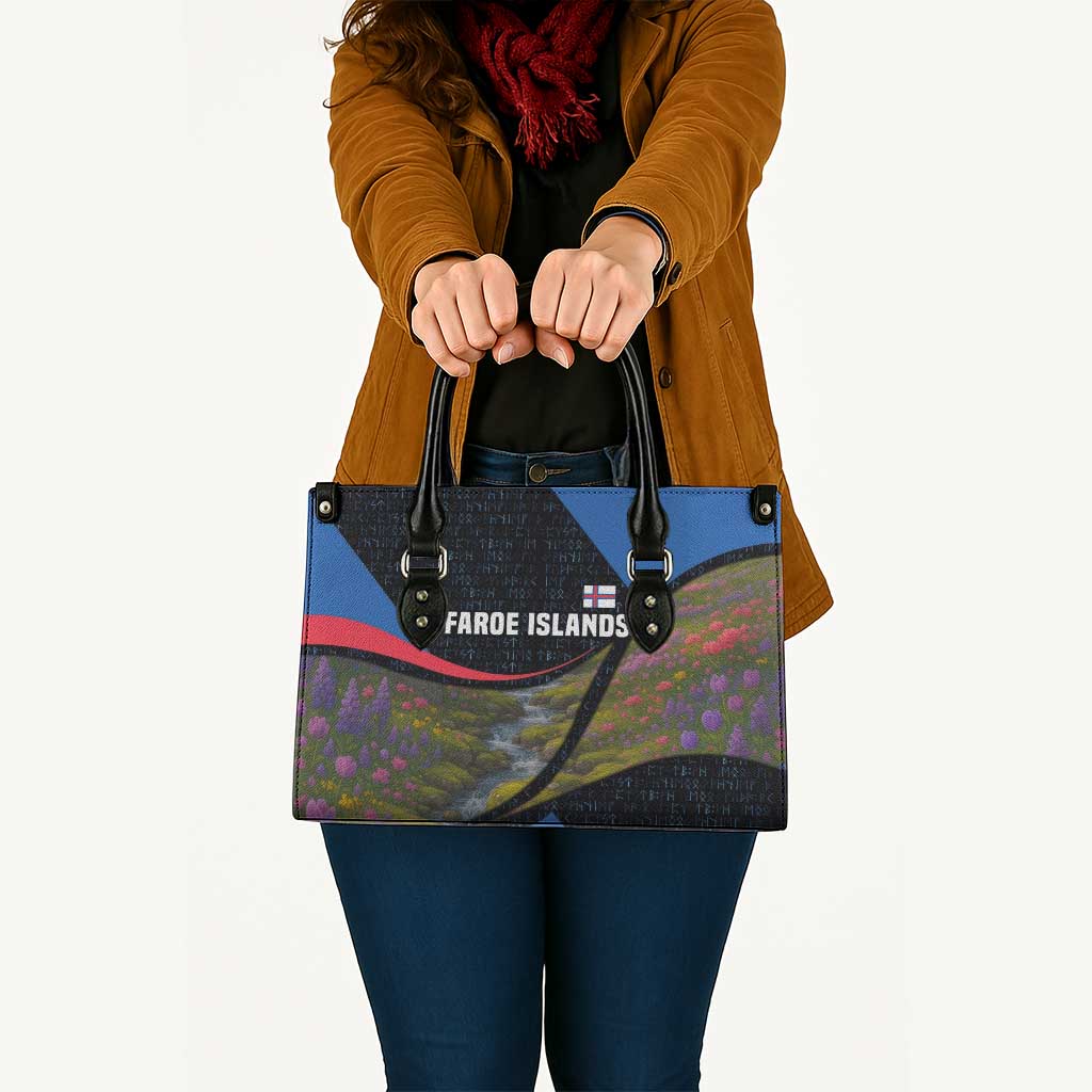 Faroe Islands Leather Bag with Waterfall Nature Scene and Rune Pattern Design - Wonder Print Shop