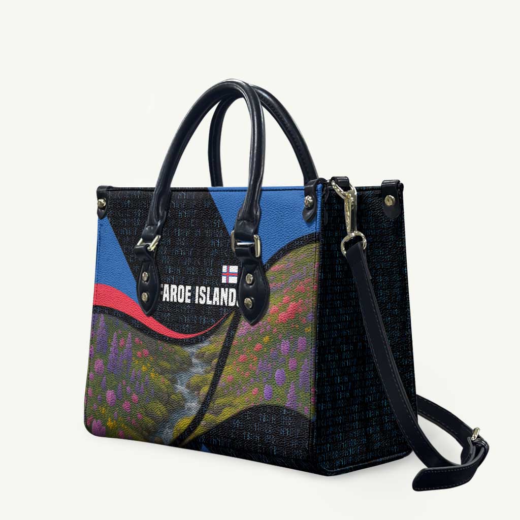 Faroe Islands Leather Bag with Waterfall Nature Scene and Rune Pattern Design - Wonder Print Shop