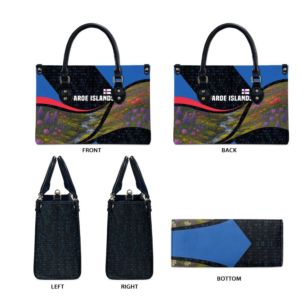Faroe Islands Leather Bag with Waterfall Nature Scene and Rune Pattern Design - Wonder Print Shop