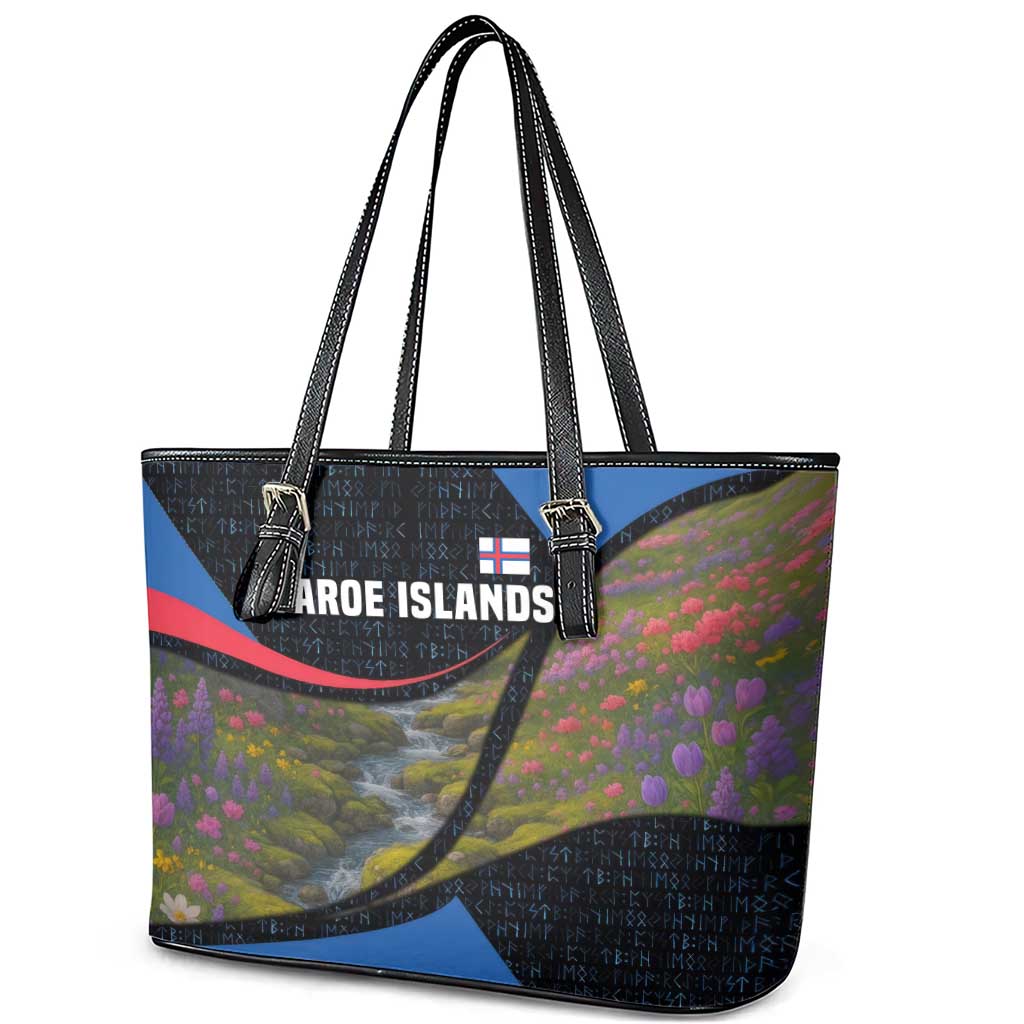 Faroe Islands Leather Tote Bag with Waterfall Nature Scene and Rune Pattern Design - Wonder Print Shop