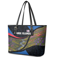 Faroe Islands Leather Tote Bag with Waterfall Nature Scene and Rune Pattern Design - Wonder Print Shop