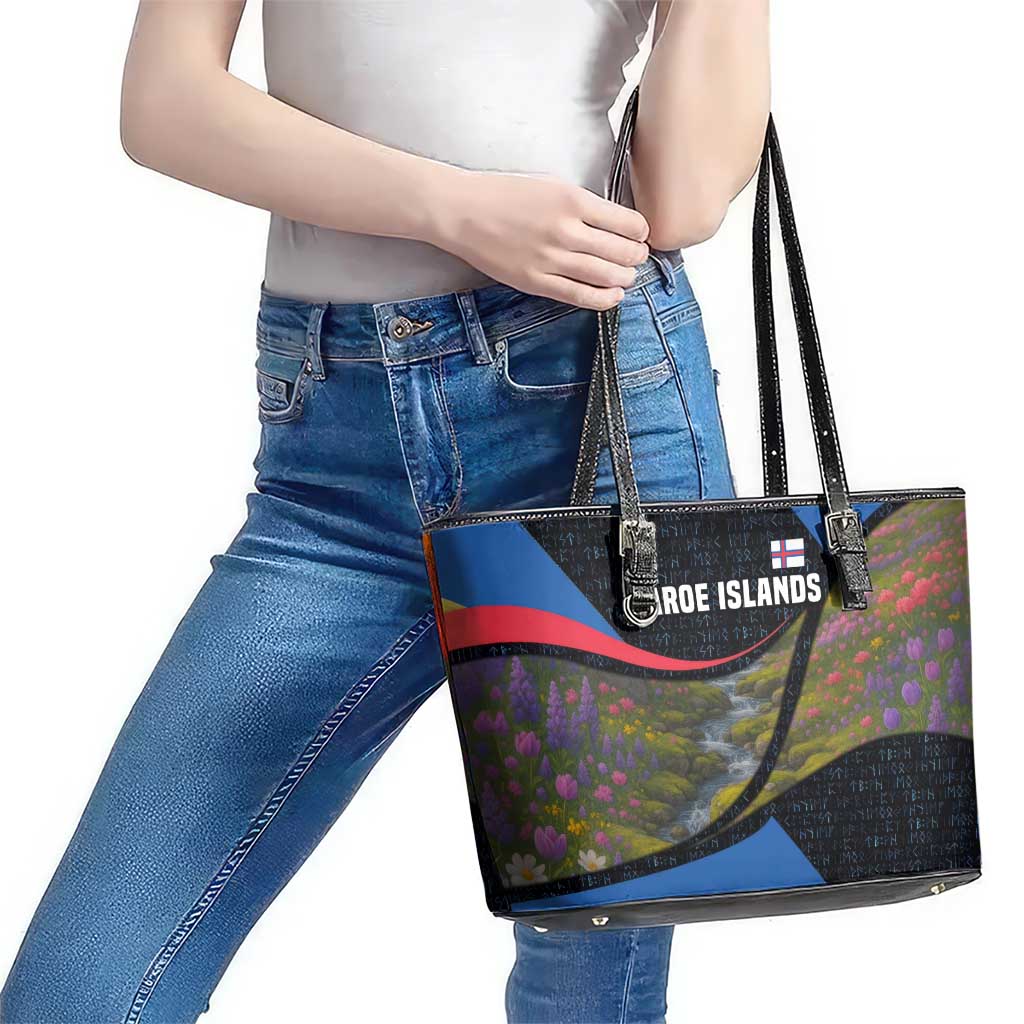 Faroe Islands Leather Tote Bag with Waterfall Nature Scene and Rune Pattern Design - Wonder Print Shop