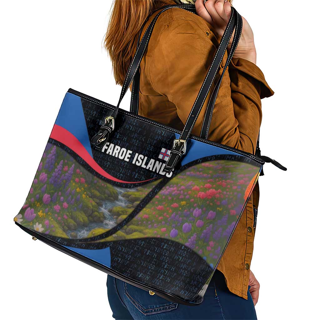 Faroe Islands Leather Tote Bag with Waterfall Nature Scene and Rune Pattern Design - Wonder Print Shop