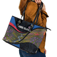 Faroe Islands Leather Tote Bag with Waterfall Nature Scene and Rune Pattern Design - Wonder Print Shop