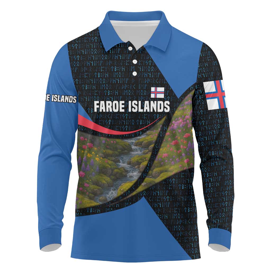Faroe Islands Long Sleeve Polo Shirt with Waterfall Nature Scene and Rune Pattern Design - Wonder Print Shop