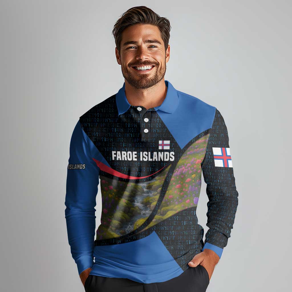 Faroe Islands Long Sleeve Polo Shirt with Waterfall Nature Scene and Rune Pattern Design - Wonder Print Shop
