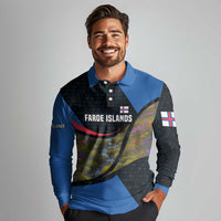 Faroe Islands Long Sleeve Polo Shirt with Waterfall Nature Scene and Rune Pattern Design - Wonder Print Shop