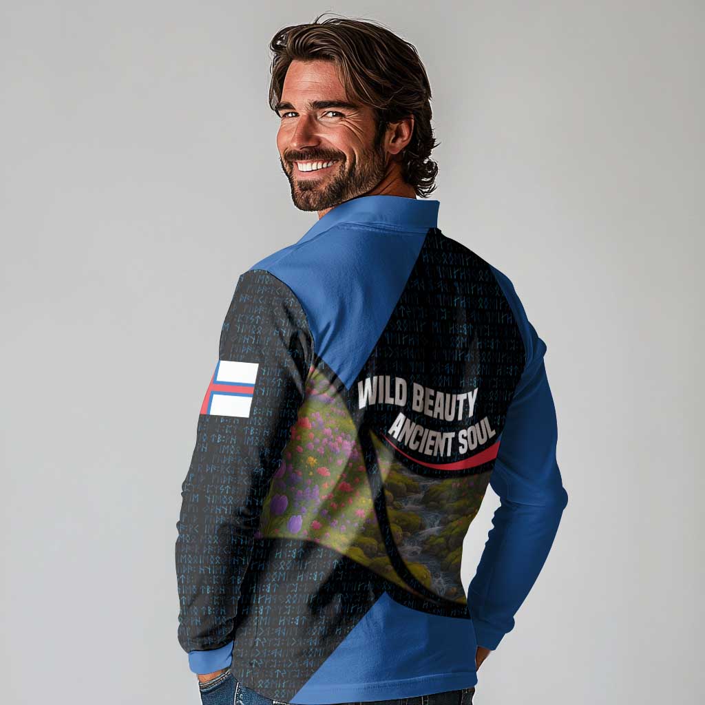 Faroe Islands Long Sleeve Polo Shirt with Waterfall Nature Scene and Rune Pattern Design - Wonder Print Shop