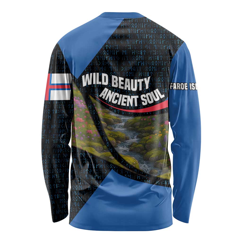 Faroe Islands Long Sleeve Shirt with Waterfall Nature Scene and Rune Pattern Design - Wonder Print Shop