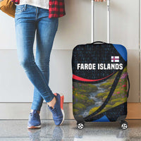 Faroe Islands Luggage Cover with Waterfall Nature Scene and Rune Pattern Design - Wonder Print Shop