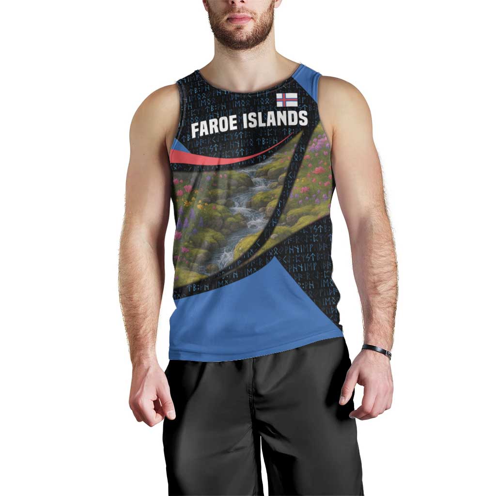 Faroe Islands Men Tank Top with Waterfall Nature Scene and Rune Pattern Design - Wonder Print Shop