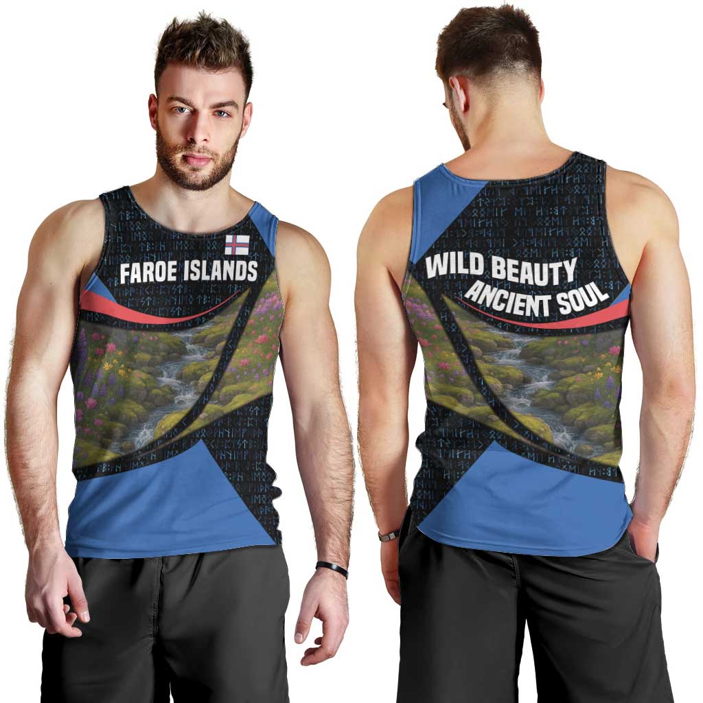 Faroe Islands Men Tank Top with Waterfall Nature Scene and Rune Pattern Design - Wonder Print Shop
