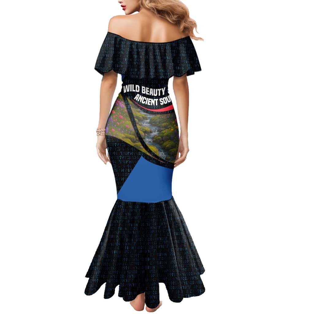 Faroe Islands Mermaid Dress with Waterfall Nature Scene and Rune Pattern Design - Wonder Print Shop